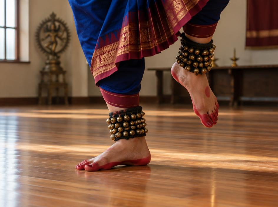 Dancer's feet with ankle bells practicing rhythmic steps