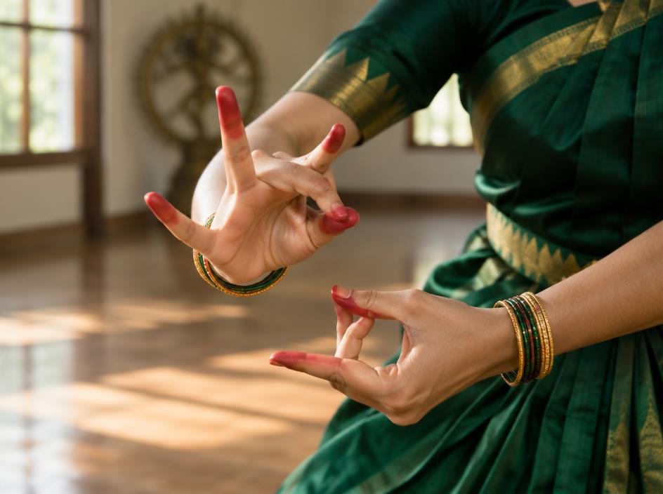 Dancer forming expressive classical hand gestures