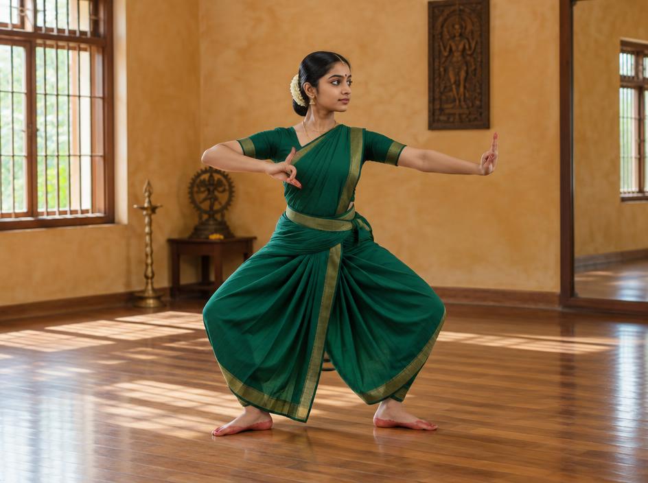 Dancer practicing a grounded classical dance posture