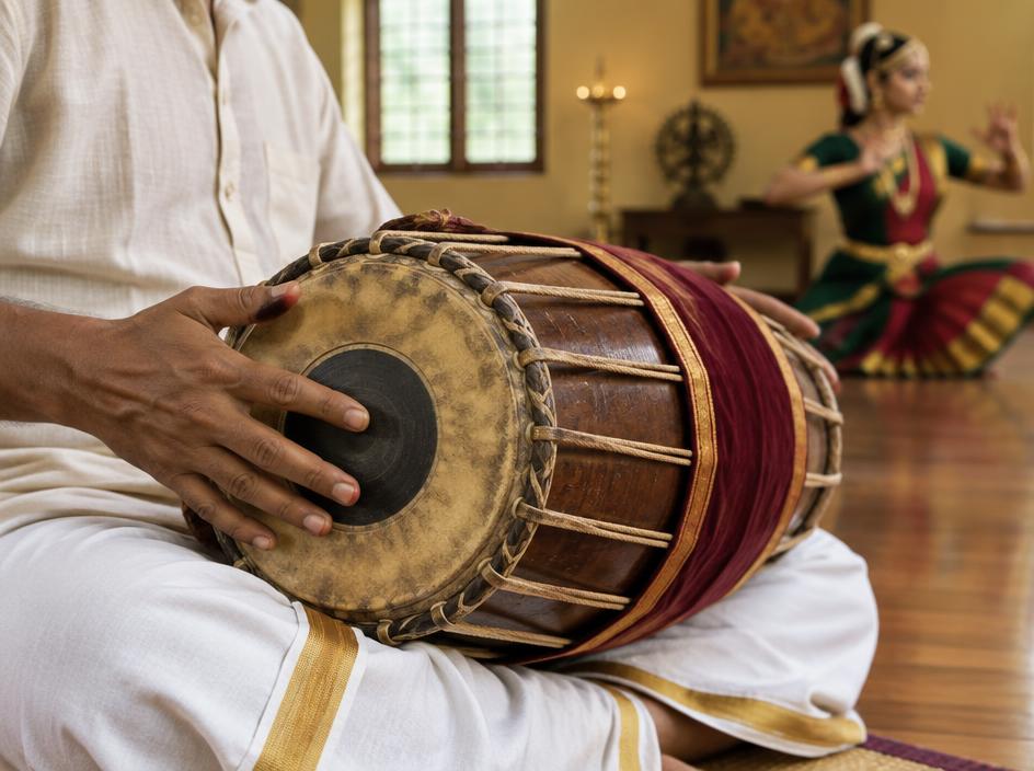 Musician playing a mridangam drum for classical dance practice